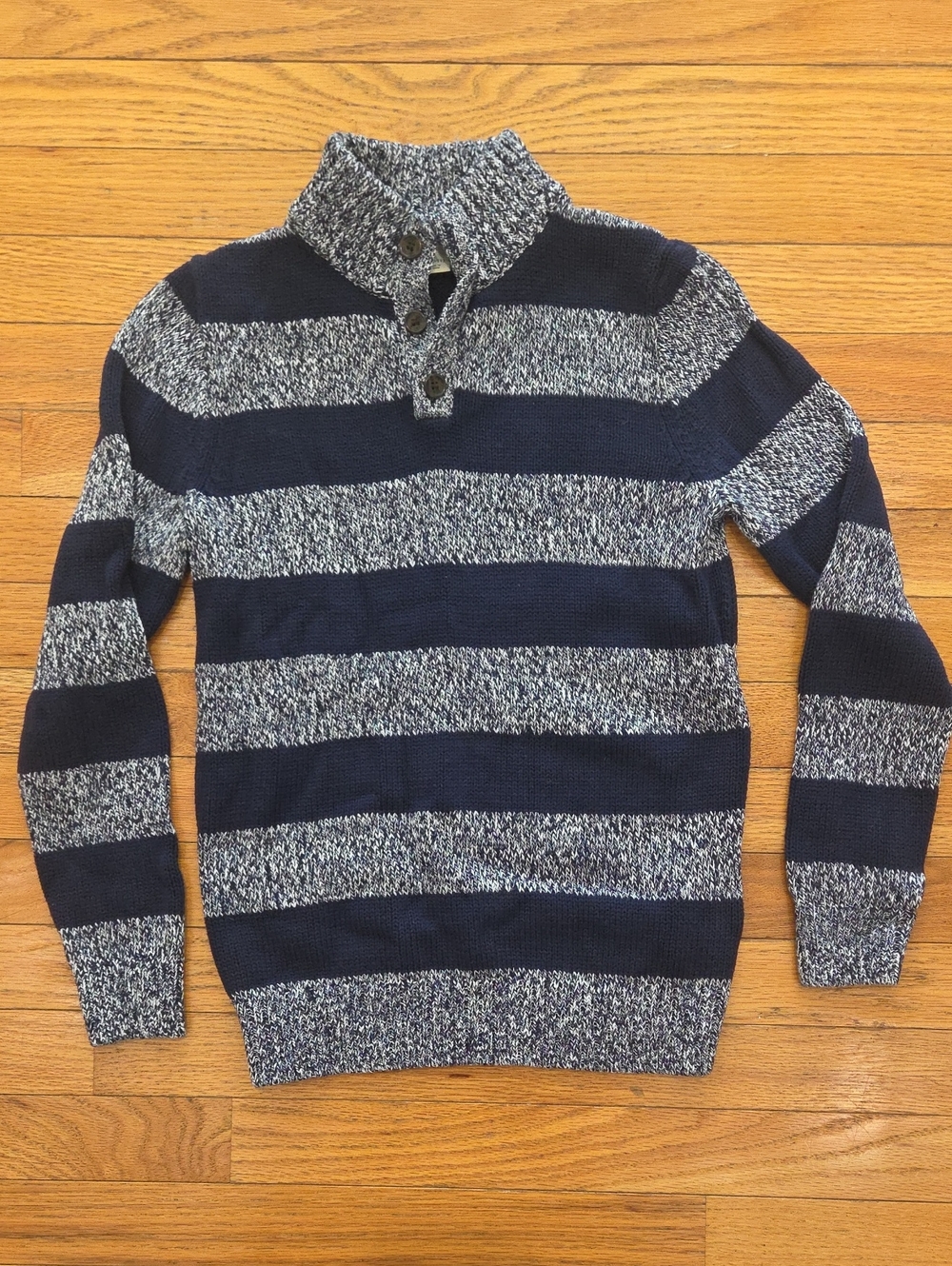 Crewcuts Kids Navy and Gray Striped Button Funnel Neck Sweater